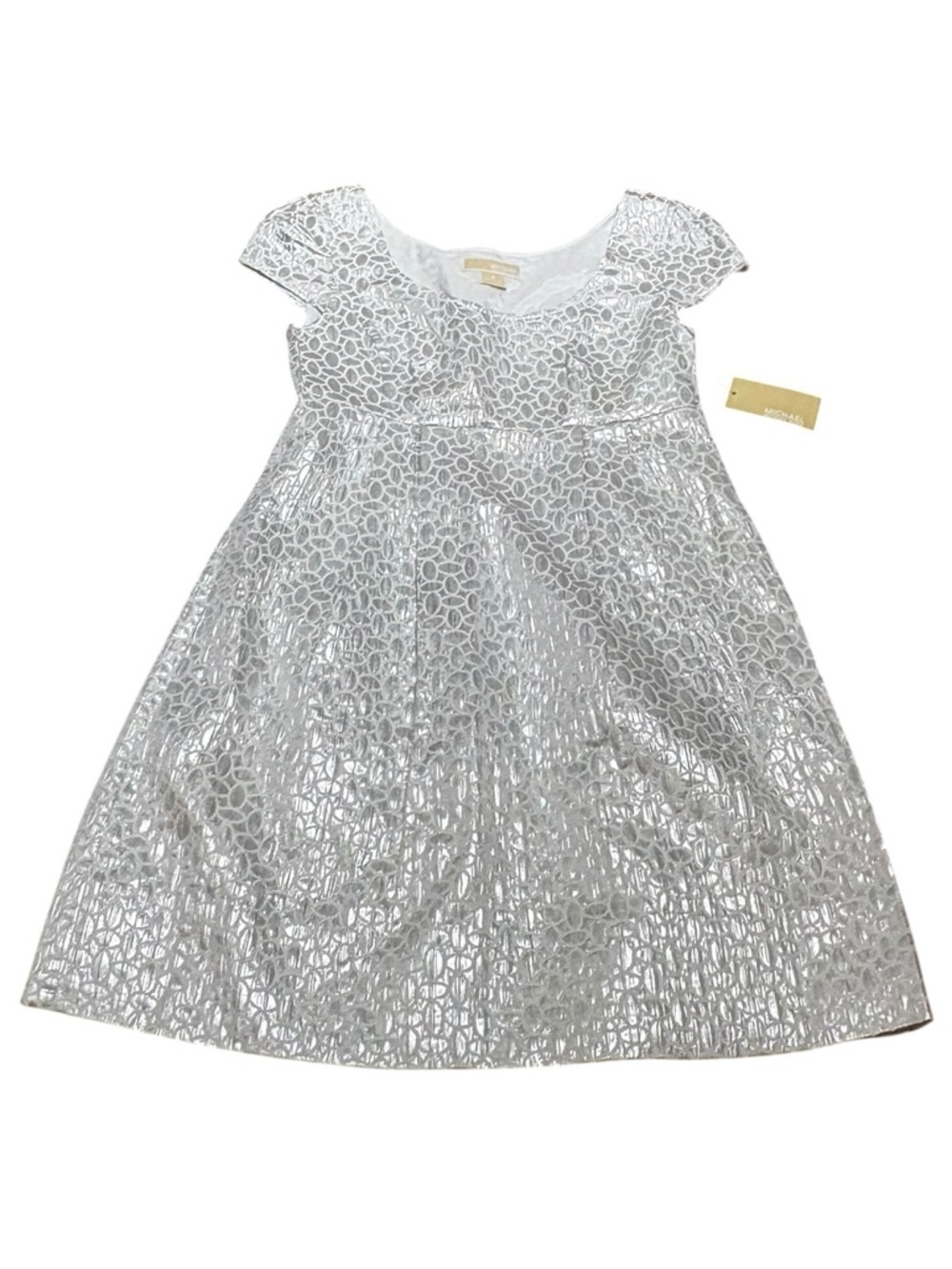 Michael Kors‎ Silver And White Geoprint Fit And Flare Party Dress, Size 8, NWT
